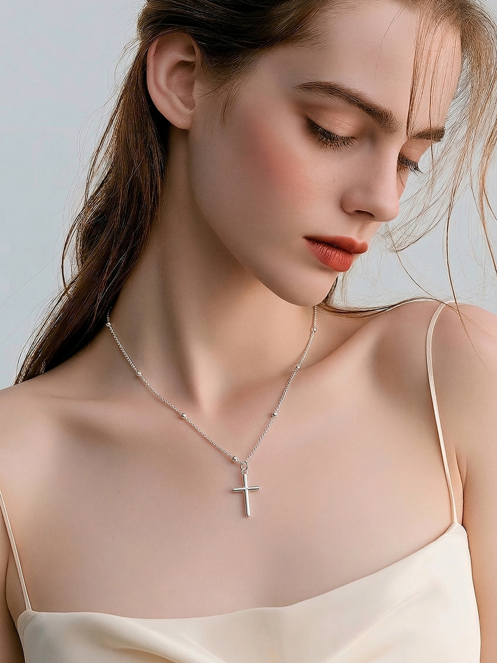 Dainty Cross Necklace Silver Beaded Illusion Chain Stainless Steel Feminine Chic